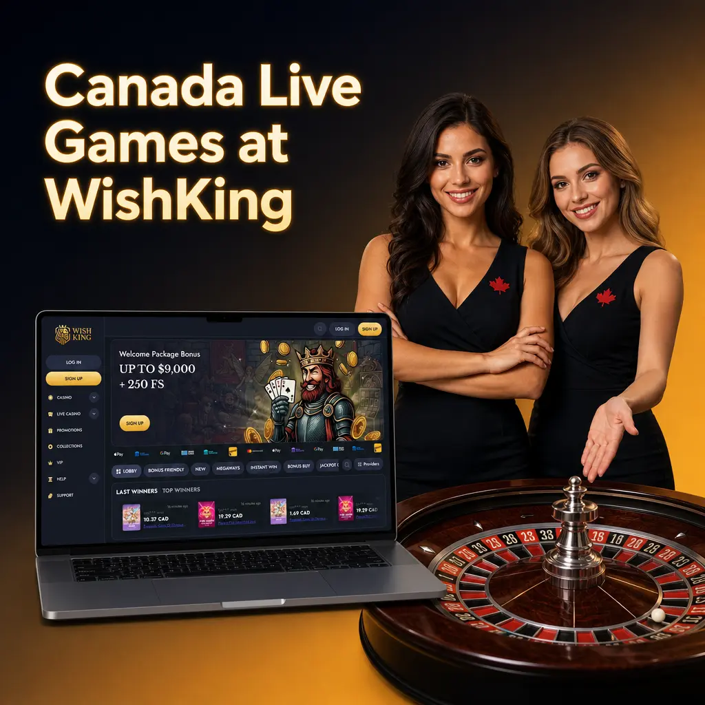 WishKing Canada live dealer games: English-speaking dealers, CAD betting limits, roulette, blackjack, baccarat, poker, and Monopoly Live tables.