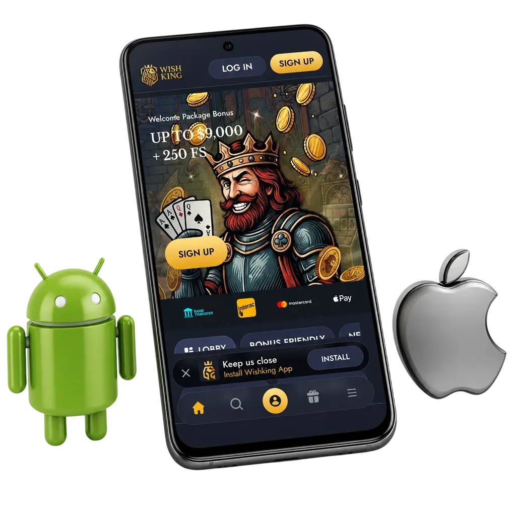 WishKing app download page for Android and iOS, offering CAD 1,500 bonus and 100 free spins for Canadian players.