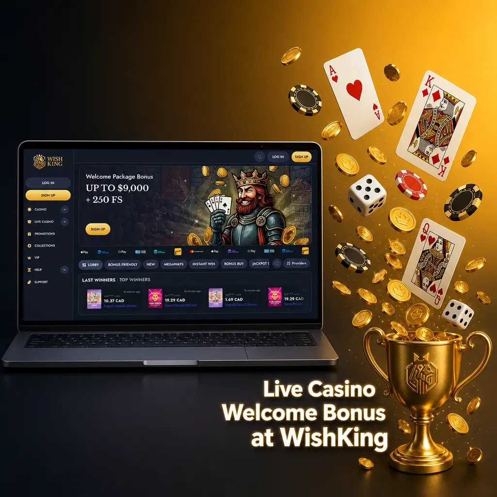 WishKing live casino welcome bonus: 100% up to CAD 1,500 plus 100 free spins for new Canadian players on first deposit.